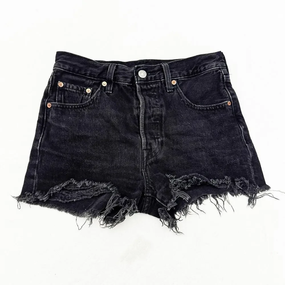 Levi's 501 Button Fly Black Charcoal Denim Cutoff Shorts Raw Hem Size 25